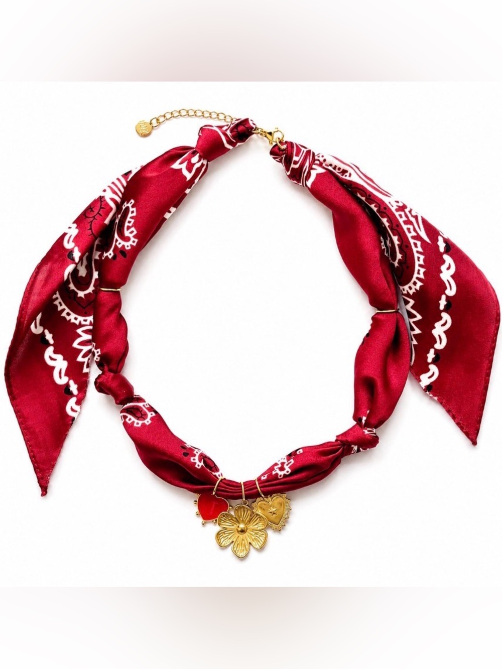 Mayamar Red Bandana Scarf Necklace Floral & Heart Charms